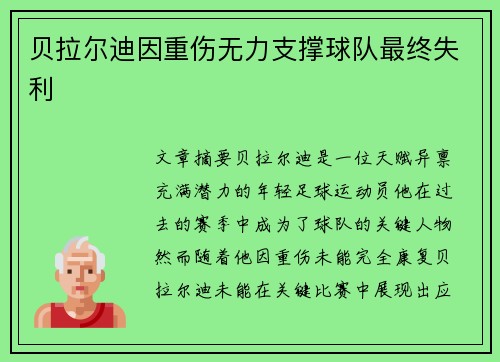 贝拉尔迪因重伤无力支撑球队最终失利 贝拉尔迪因重伤无力支撑球队最终失利